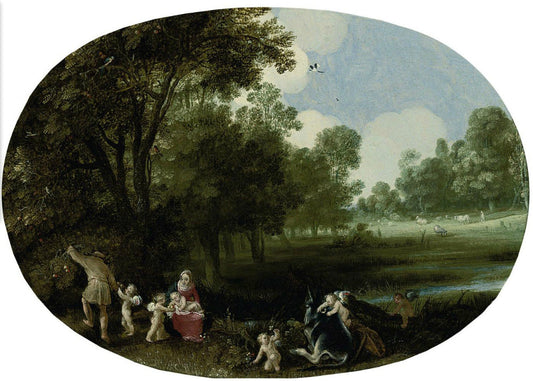 A wooded river landscape with the Rest on the Flight into Egypt, vintage artwork by Adriaen van Stalbemt, 12x8" (A4) Poster