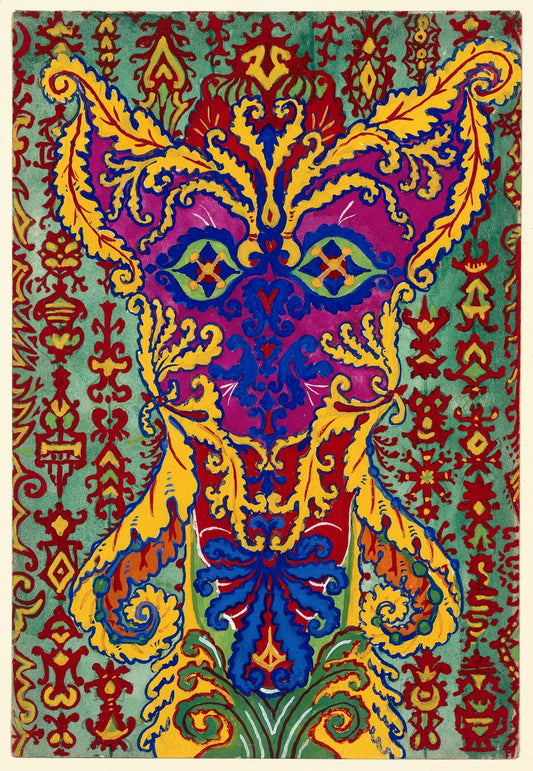 A cat standing on its hind legs, formed by  patterns supposed to be in the "Early Greek" style, vintage artwork by Louis Wain, 12x8" (A4) Poster