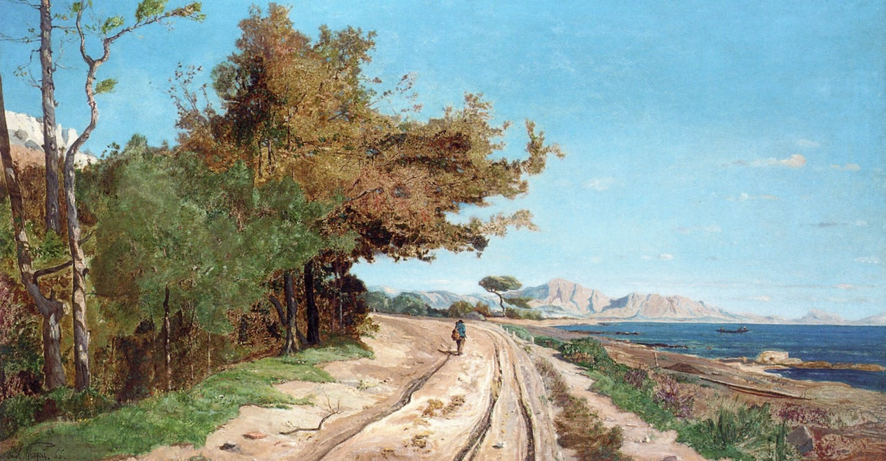 Road by  the Mediterranean, near Marseille, vintage artwork by Paul-Camille Guigou, 12x8" (A4) Poster