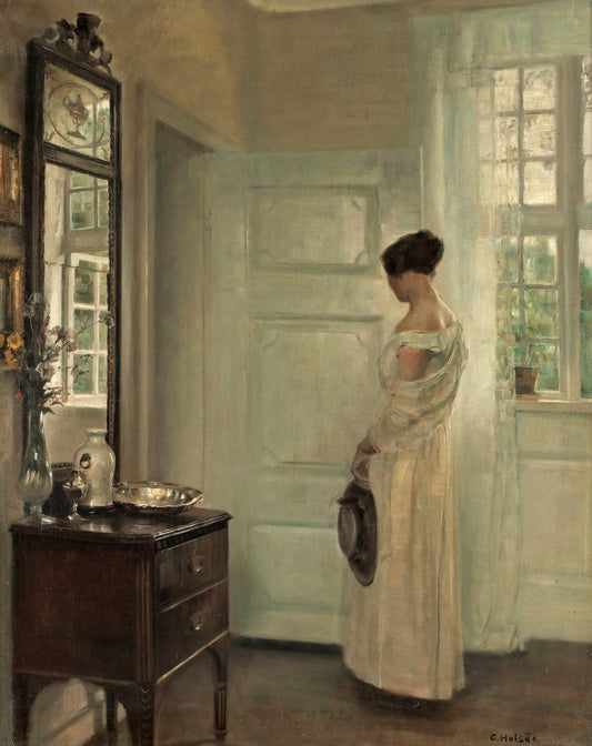 Woman in an Interior with a Mirror, vintage artwork by Carl Vilhelm Holsøe, 12x8" (A4) Poster