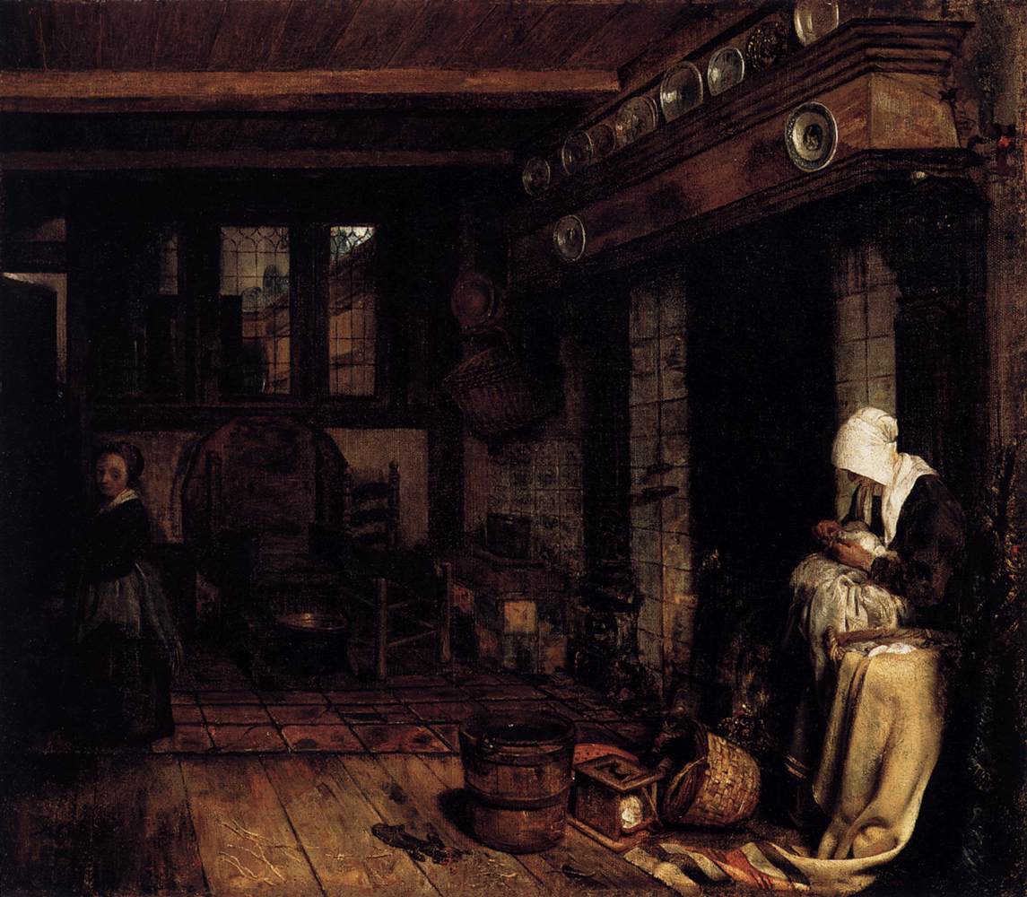 Dutch Interior with Woman Sewing, vintage artwork by Esaias Boursse, 12x8" (A4) Poster