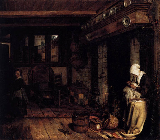 Dutch Interior with Woman Sewing, vintage artwork by Esaias Boursse, 12x8" (A4) Poster