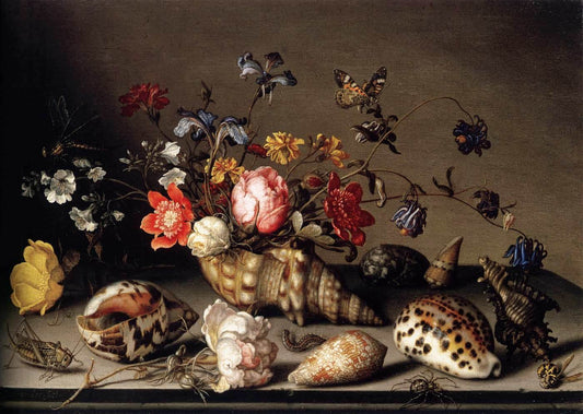 Still-Life of Flowers, Shells, and Insects, vintage artwork by Balthasar van der Ast, 12x8" (A4) Poster
