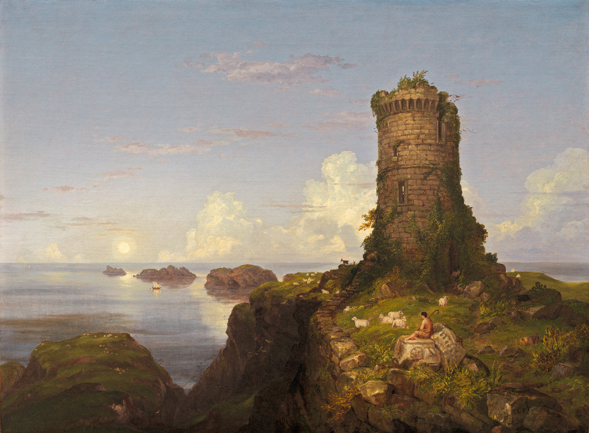 Italian Coast Scene with Ruined Tower, vintage artwork by Thomas Cole, A3 (16x12") Poster Print