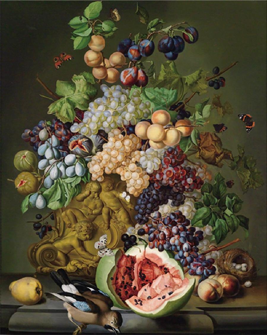 Floral Still Life with Fruit and Jay, vintage artwork by Sebastian Wegmayr, 12x8" (A4) Poster