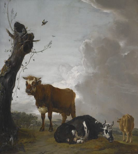 A Young Bull and Two Cows in a Meadow, vintage artwork by Paulus Potter, 12x8" (A4) Poster