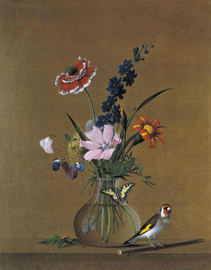 Bouquet of Flowers, a Butterfly and a Bird, vintage artwork by Fedor Tolstoy, 12x8" (A4) Poster