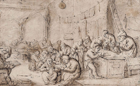 Peasant school with a teacher sharpening his pen, vintage artwork by Bartholomeus Molenaer, 12x8" (A4) Poster