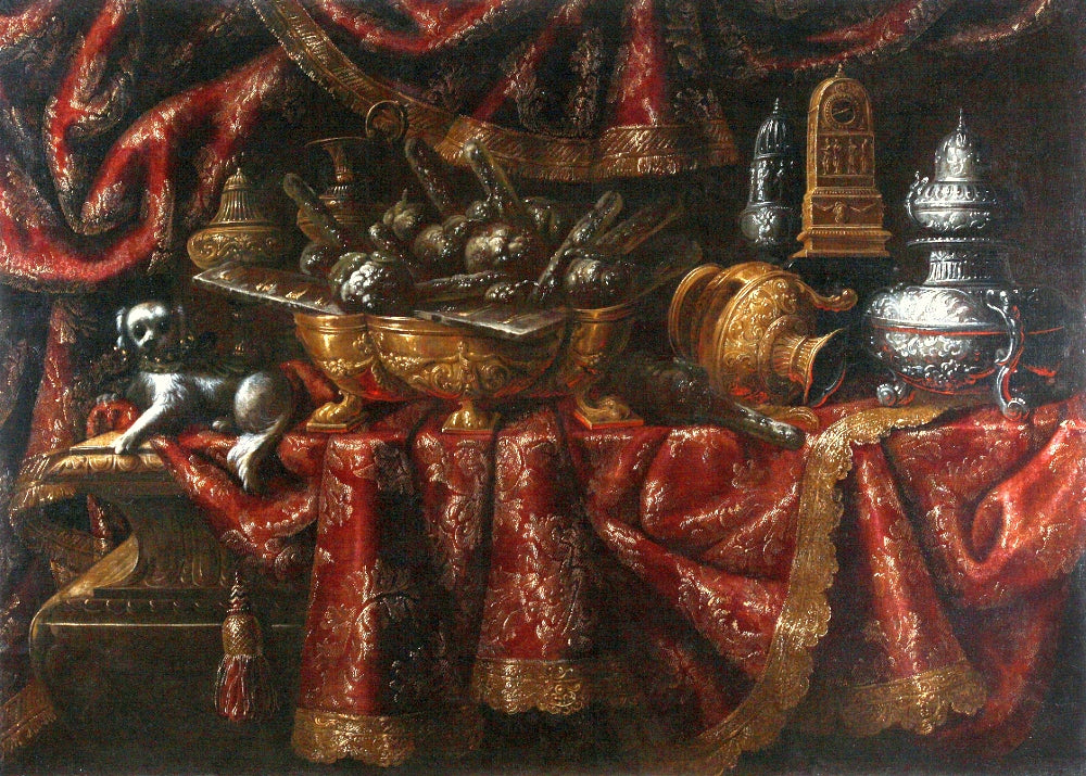 Still life with a dog, vintage artwork by Francesco Fieravino, 12x8" (A4) Poster