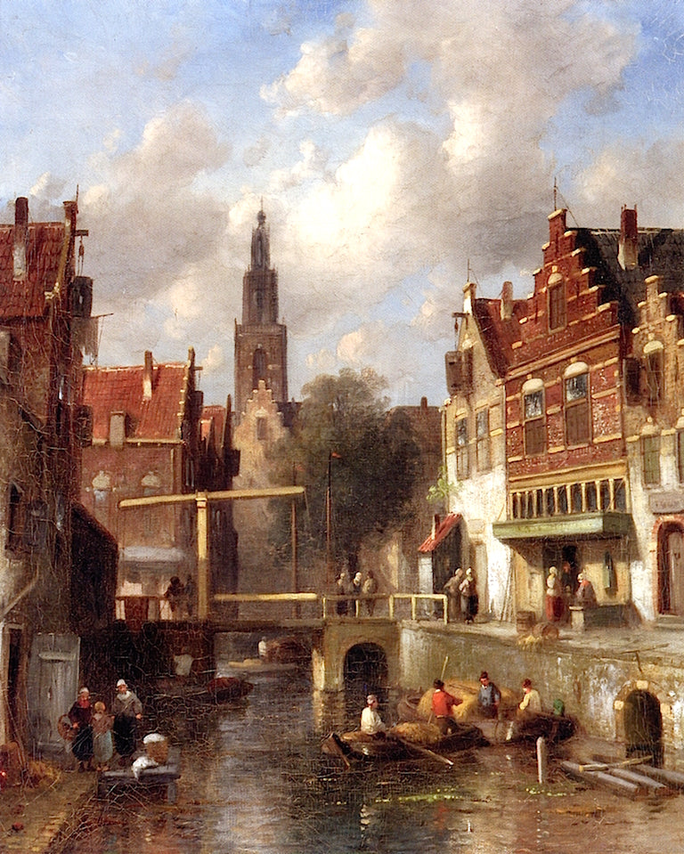 Canal View with Rowboats, vintage artwork by Attributed to Charles Henri Joseph Leickert, A3 (16x12") Poster Print
