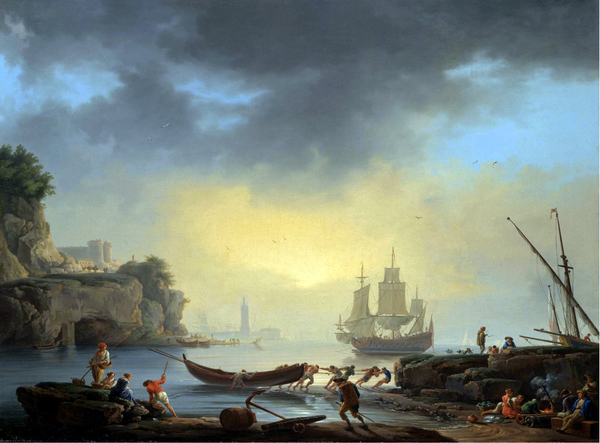 A Mediterranean Coastal Scene with Fishermen Bringing in their Boats, vintage artwork by Claude-Joseph Vernet, 12x8" (A4) Poster