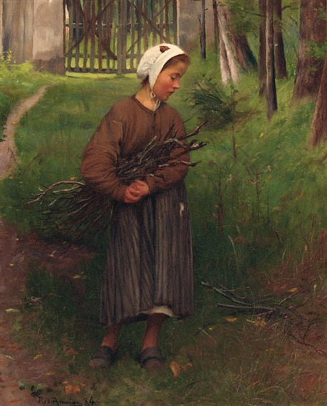 Young Child Gathering Sticks, vintage artwork by Rodolfo Amoedo, 12x8" (A4) Poster