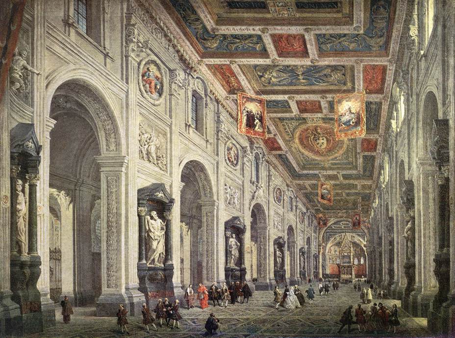 Interior of the San Giovanni in Laterano in Rome, vintage artwork by Giovanni Paolo Panini, 12x8" (A4) Poster
