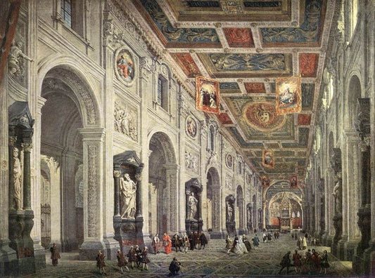 Interior of the San Giovanni in Laterano in Rome, vintage artwork by Giovanni Paolo Panini, 12x8" (A4) Poster