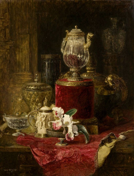 Still Life with crystal carafe, ivory tankard and orchid, vintage artwork by Blaise Alexandre Desgoffe, 12x8" (A4) Poster
