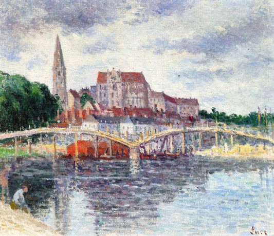 The Bridge over the Yonne and the Cathedral, vintage artwork by Maximilien Luce, 12x8" (A4) Poster