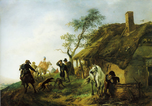 Falconers passing a Farmhouse, vintage artwork by Philips Wouwerman, 12x8" (A4) Poster