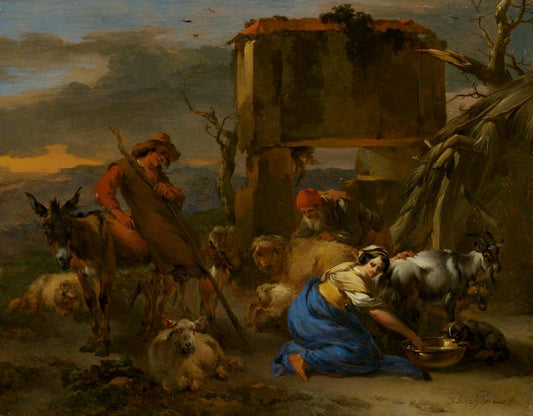Pastoral Scene with a Shepherdess Milking a Goat, vintage artwork by Nicolaes Berchem, 12x8" (A4) Poster