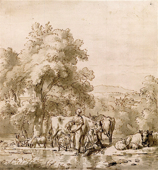 A Herdsman and a Woman with Cows and Sheep by  a River, vintage artwork by Adriaen van de Velde, 12x8" (A4) Poster