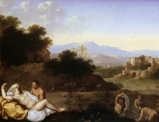 Landscape with Nymphs, vintage artwork by Cornelis van Poelenburgh, 12x8" (A4) Poster