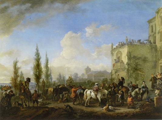 A Hawking Party Taking Leave of their Hostess, vintage artwork by Philips Wouwerman, 12x8" (A4) Poster