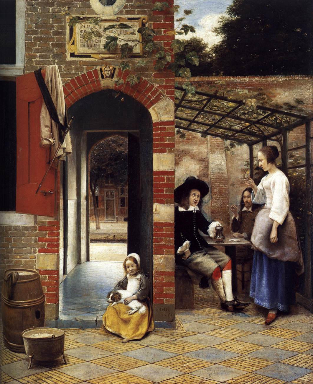 Drinkers in the Bower, vintage artwork by Pieter de Hooch, 12x8" (A4) Poster