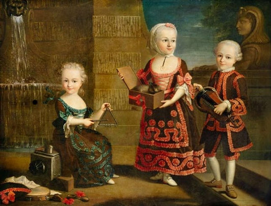 A Girl with a Marmoset in a Box, a Girl with a Triangle Sitting, and a Boy with a Hurdy-Gurdy, vintage artwork by François-Hubert Drouais, 12x8" (A4) Poster