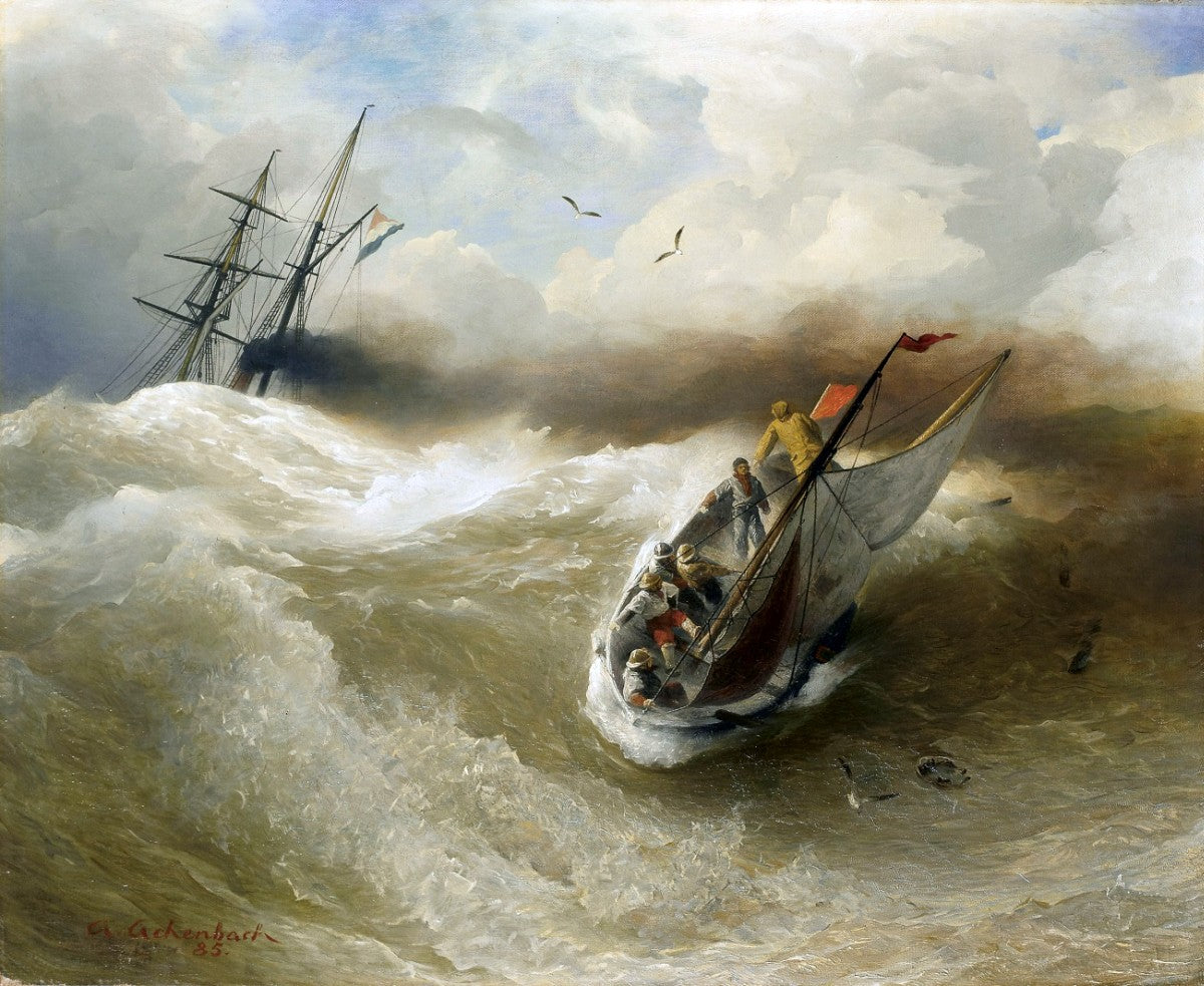 Boats in Stormy Sea, vintage artwork by Andreas Achenbach, A3 (16x12") Poster Print