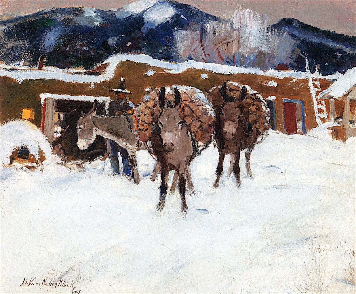Burros in Winter, Taos, vintage artwork by Laverne Nelson Black, 12x8" (A4) Poster