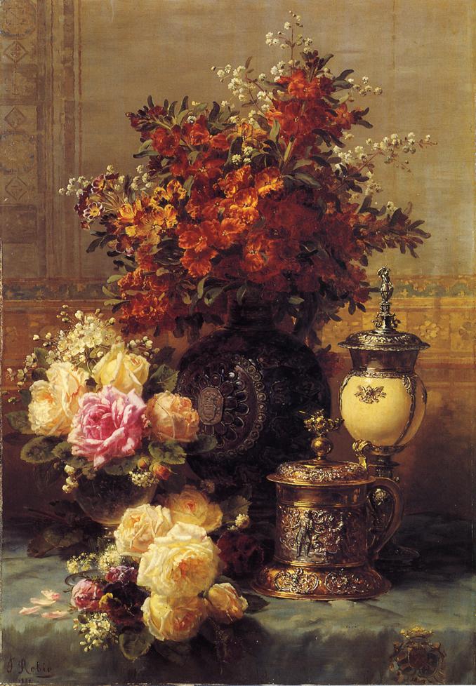 Still Life of Roses and Other Flowers, a Silver-gilt Ostrich Egg Cup and a German Gold-gilt Tankard on a Draped Table in an Interior, vintage artwork by Jean Baptiste Robie, A3 (16x12") Poster Print