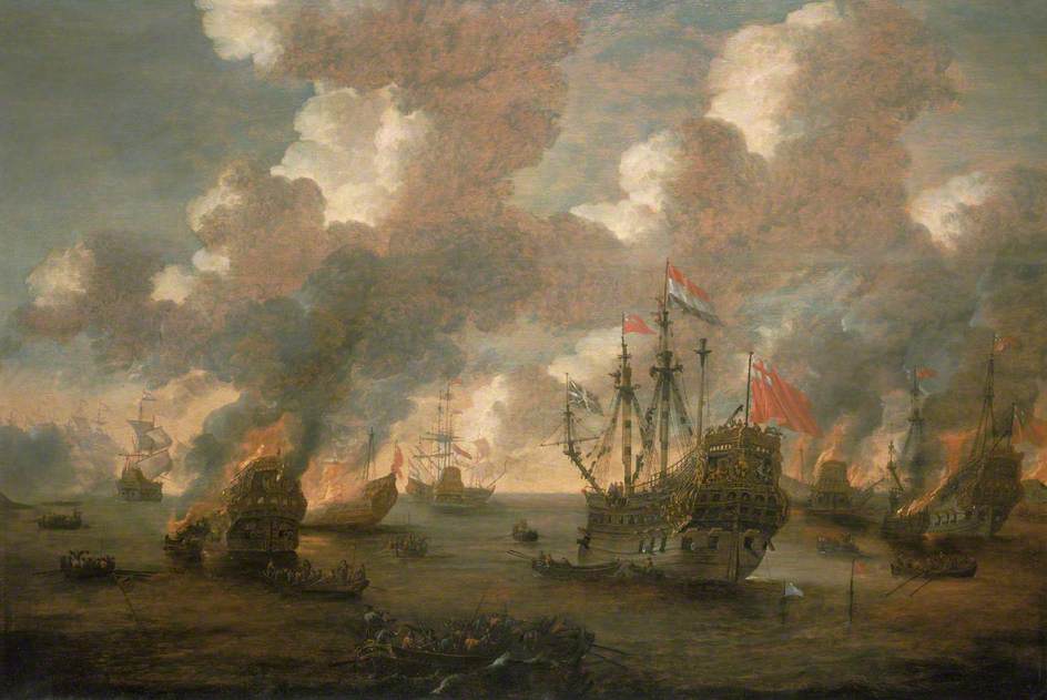 Dutch Attack on the Medway, 9–14 June 1667, vintage artwork by Peter van den Velde, 12x8" (A4) Poster