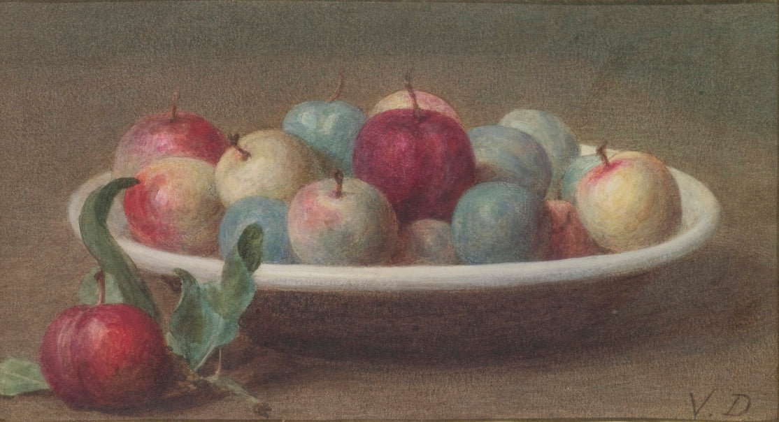 Still Life with Apples and Plums in a Dish, vintage artwork by Victoria Fantin-Latour, 12x8" (A4) Poster
