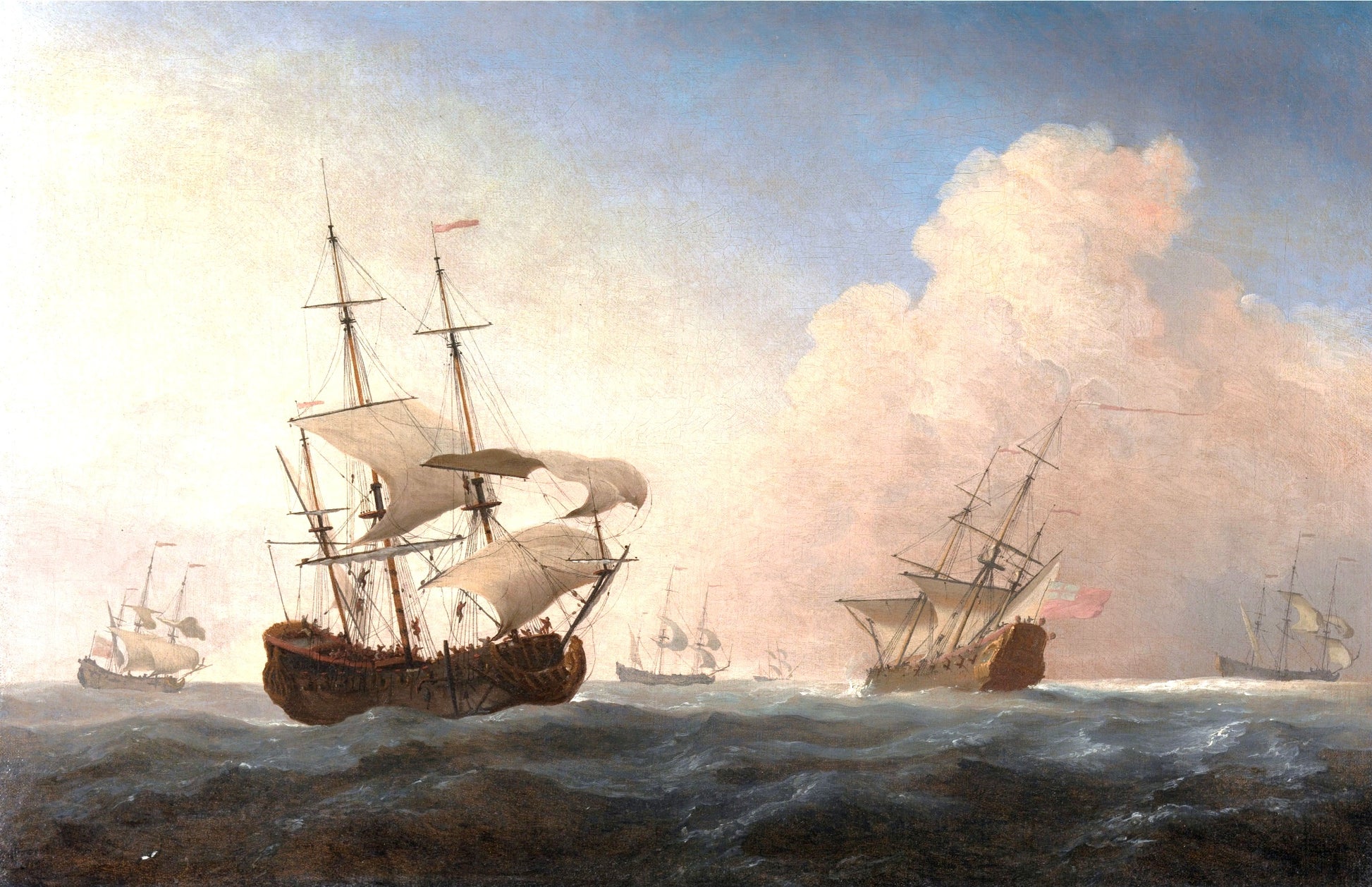 English Warships Heeling in the Breeze Offshore, vintage artwork by Willem van de Velde the Younger, 12x8" (A4) Poster