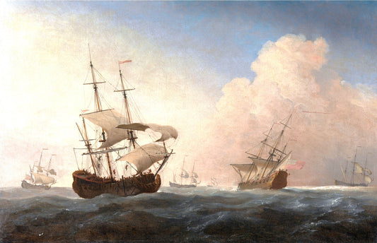 English Warships Heeling in the Breeze Offshore, vintage artwork by Willem van de Velde the Younger, 12x8" (A4) Poster