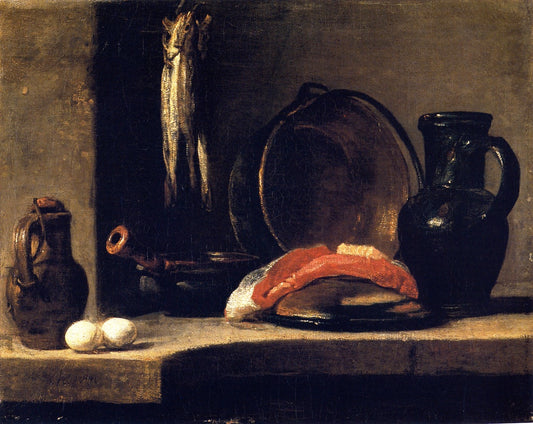 A Pitcher, Two Eggs, a Casserole, Three Herrings, a Copper Pot, A Slice of Fish and a Jug, vintage artwork by Jean-Baptiste-Simeon Chardin, 12x8" (A4) Poster