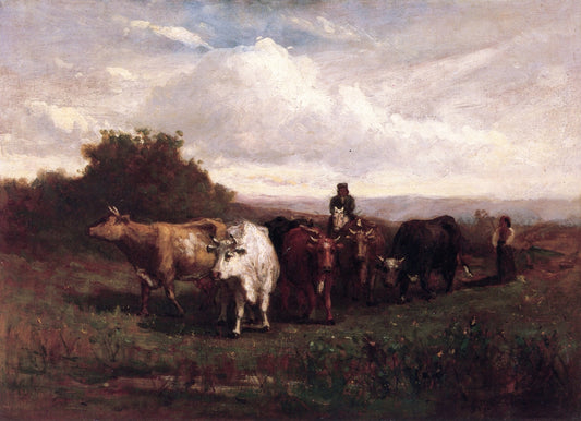 Man on Horseback, Woman on Foot Driving Cattle, vintage artwork by Edward Mitchell Bannister, 12x8" (A4) Poster