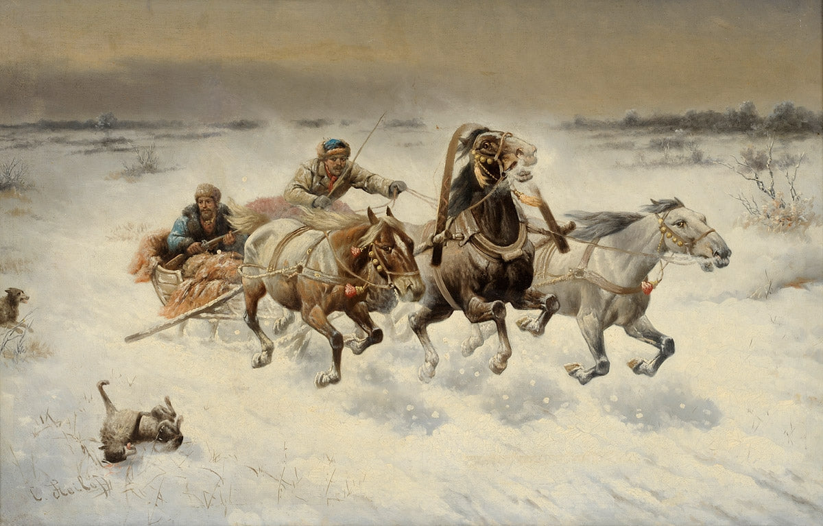 Sleigh followed by  wolves, vintage artwork by Constantin Stoiloff, 12x8" (A4) Poster