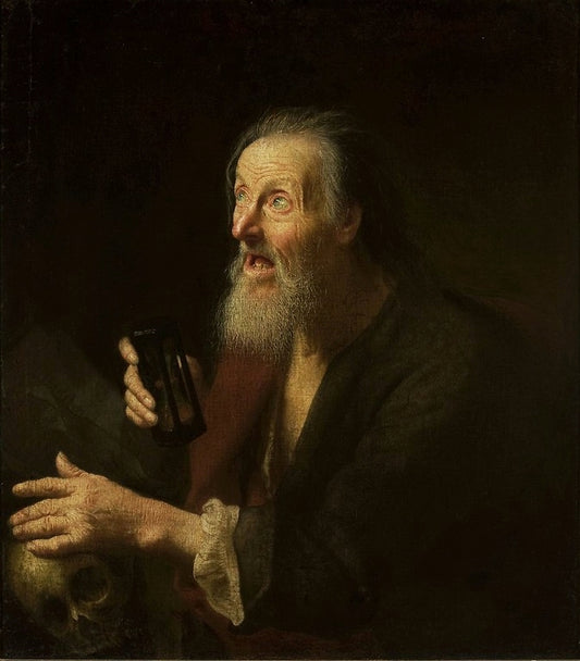 An Old Man with an Hourglass and a Skull, vintage artwork by Balthasar Denner, 12x8" (A4) Poster