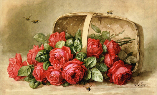 Still Life, Roses with Bumble Bees, vintage artwork by Paul De Longpre, 12x8" (A4) Poster