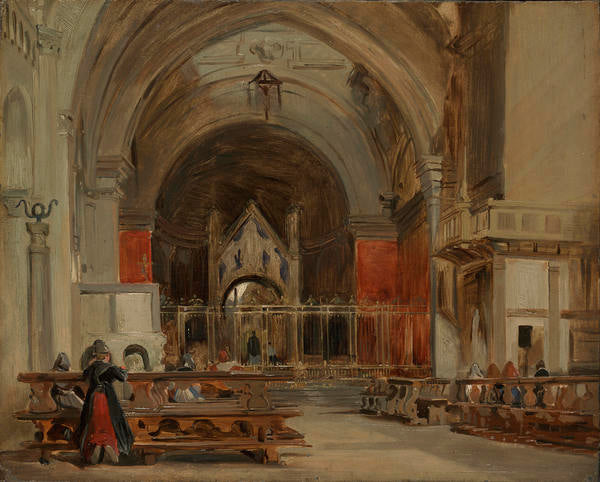 The Interior of Sant' Ambrogio, Milan, vintage artwork by Richard Parkes Bonington, A3 (16x12") Poster Print
