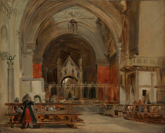 The Interior of Sant' Ambrogio, Milan, vintage artwork by Richard Parkes Bonington, A3 (16x12") Poster Print