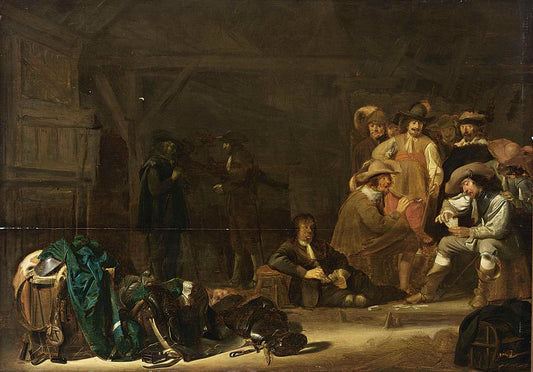 Soldiers in a Barn Playing Cards, vintage artwork by Simon Kick, 12x8" (A4) Poster