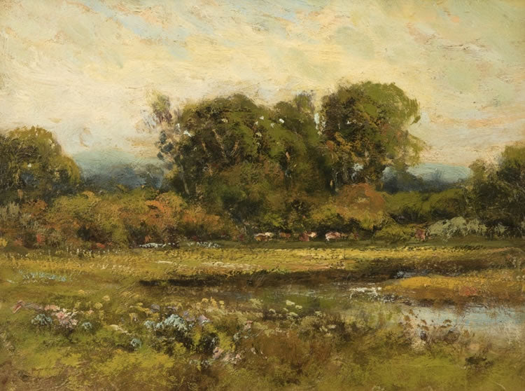 Meadow with Cows, vintage artwork by Manuel Valencia, 12x8" (A4) Poster