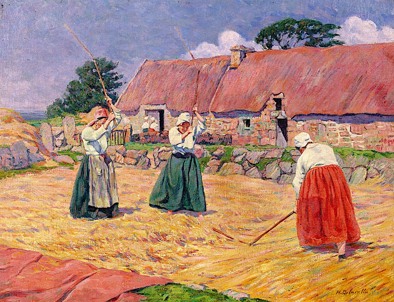 Threshers at a farm in Brittany, vintage artwork by Henri DeLavallee, 12x8" (A4) Poster