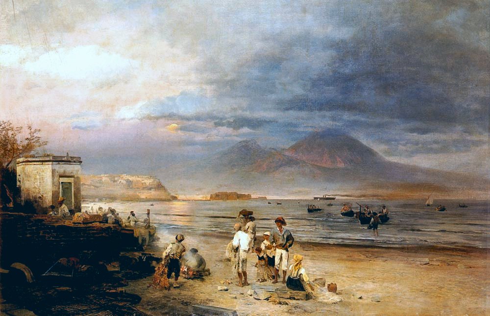 Fishermen on the Bay of Naples with Vesuvius Beyond, vintage artwork by Oswald Achenbach, 12x8" (A4) Poster
