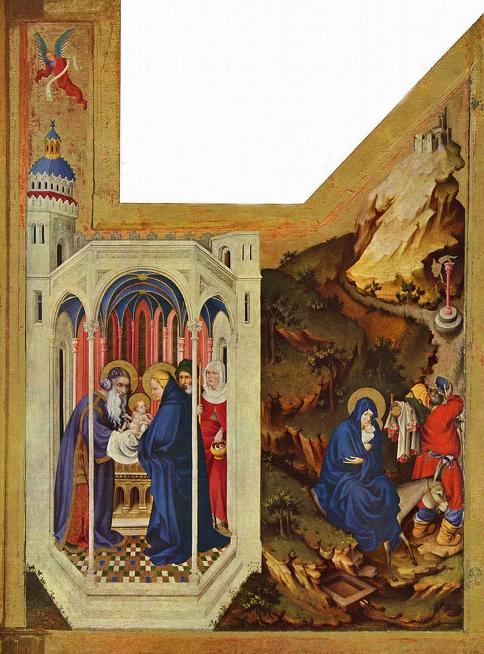 Dijon Altarpiece ~ 'Presentation in the Temple' and 'The Flight into Egypt' (right wing), vintage artwork by Melchior Broederlam, 12x8