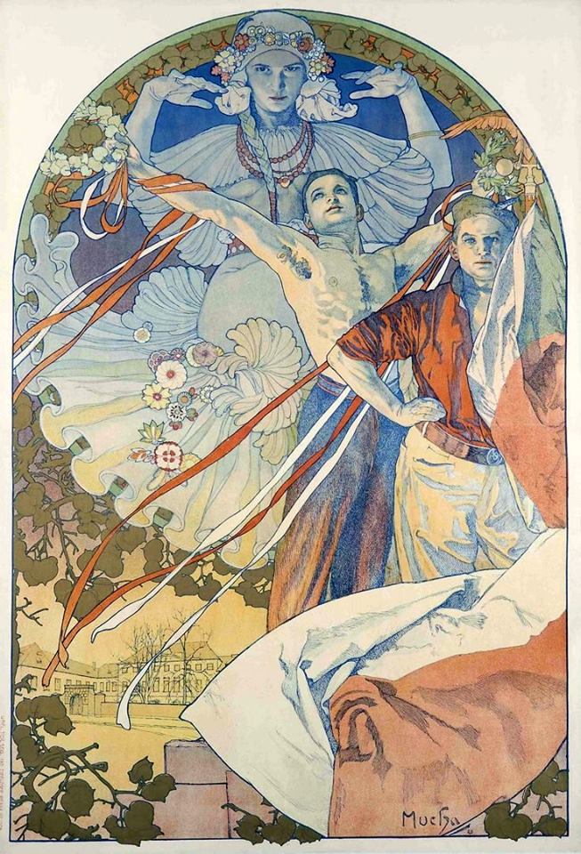Poster for the 8th Sokol Festival in Prague, vintage artwork by Alfons Mucha, 12x8