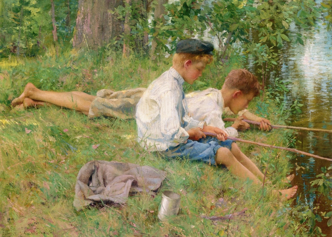 Fishing along the River Bank, vintage artwork by Francis Coates Jones, 12x8" (A4) Poster