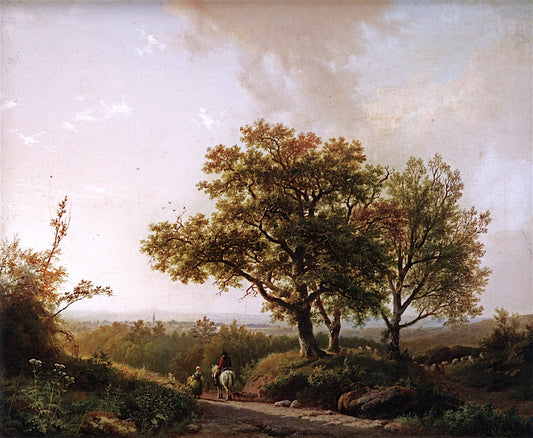 An Extensive Landscape with Travelers on a Sunlit Path, a View of Nijmegen beyond, vintage artwork by Barend Cornelis Koekkoek, A3 (16x12") Poster Print