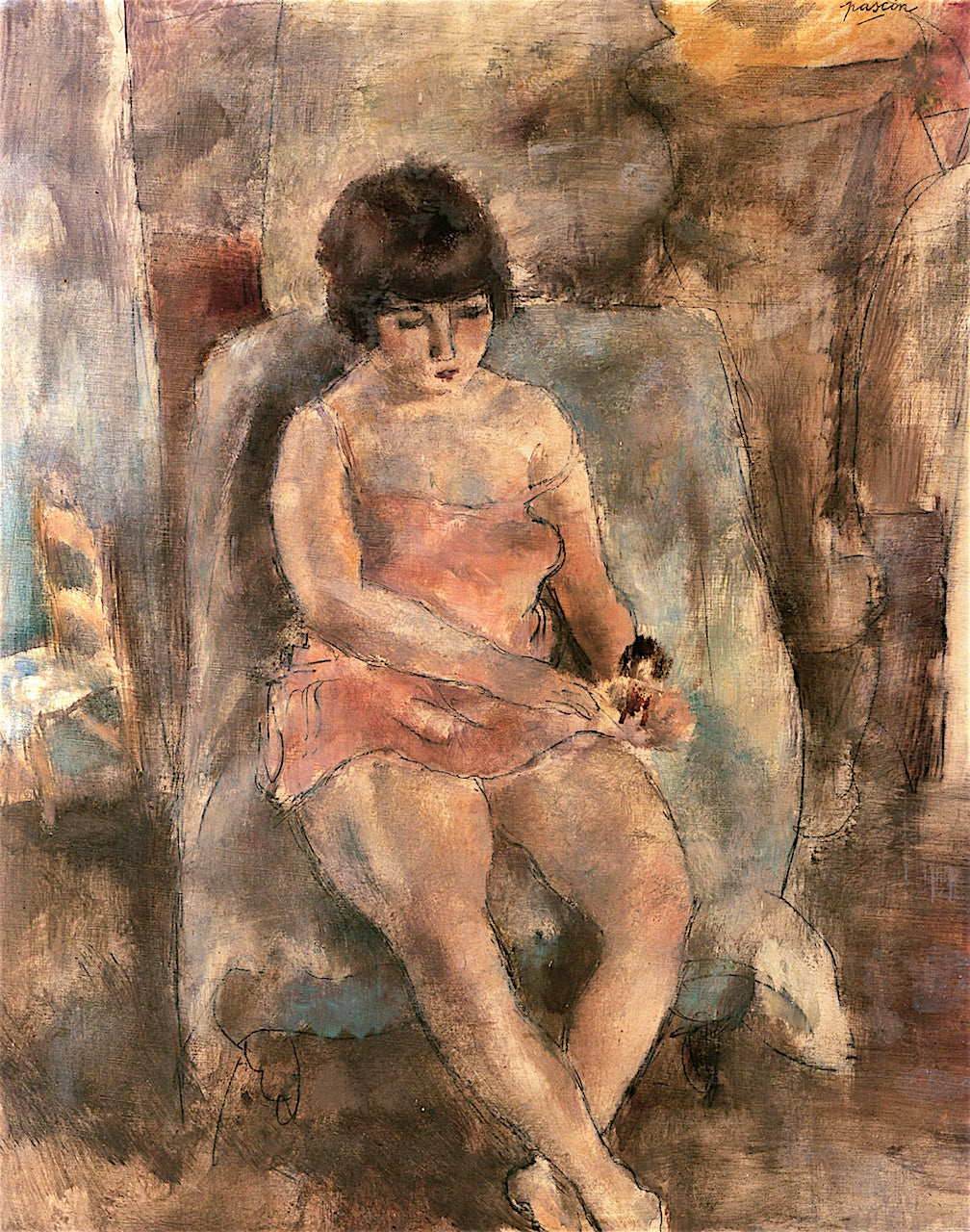 Fifi Seated Wearing a Pink Slip, vintage artwork by Jules Pascin, 12x8" (A4) Poster